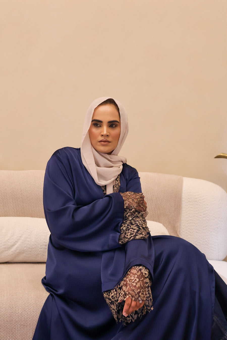 Navy Classic Abaya With Lace Details