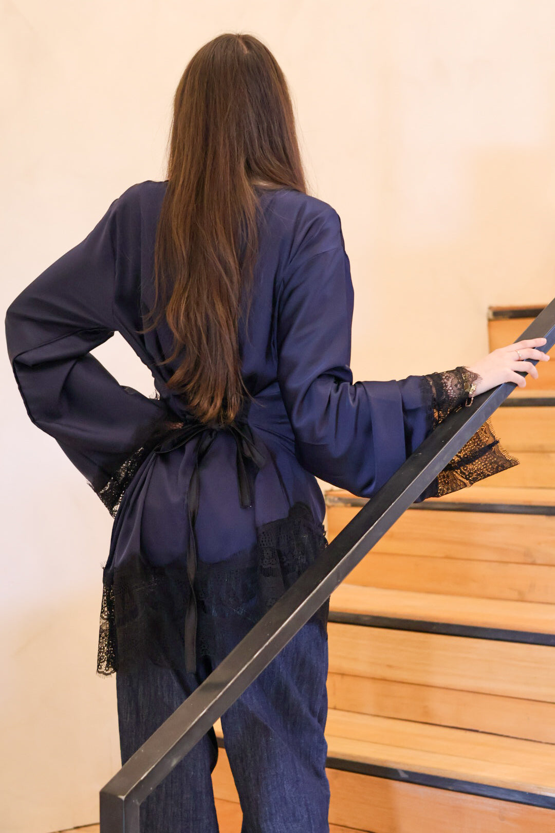 Navy Lace Sleeve Top