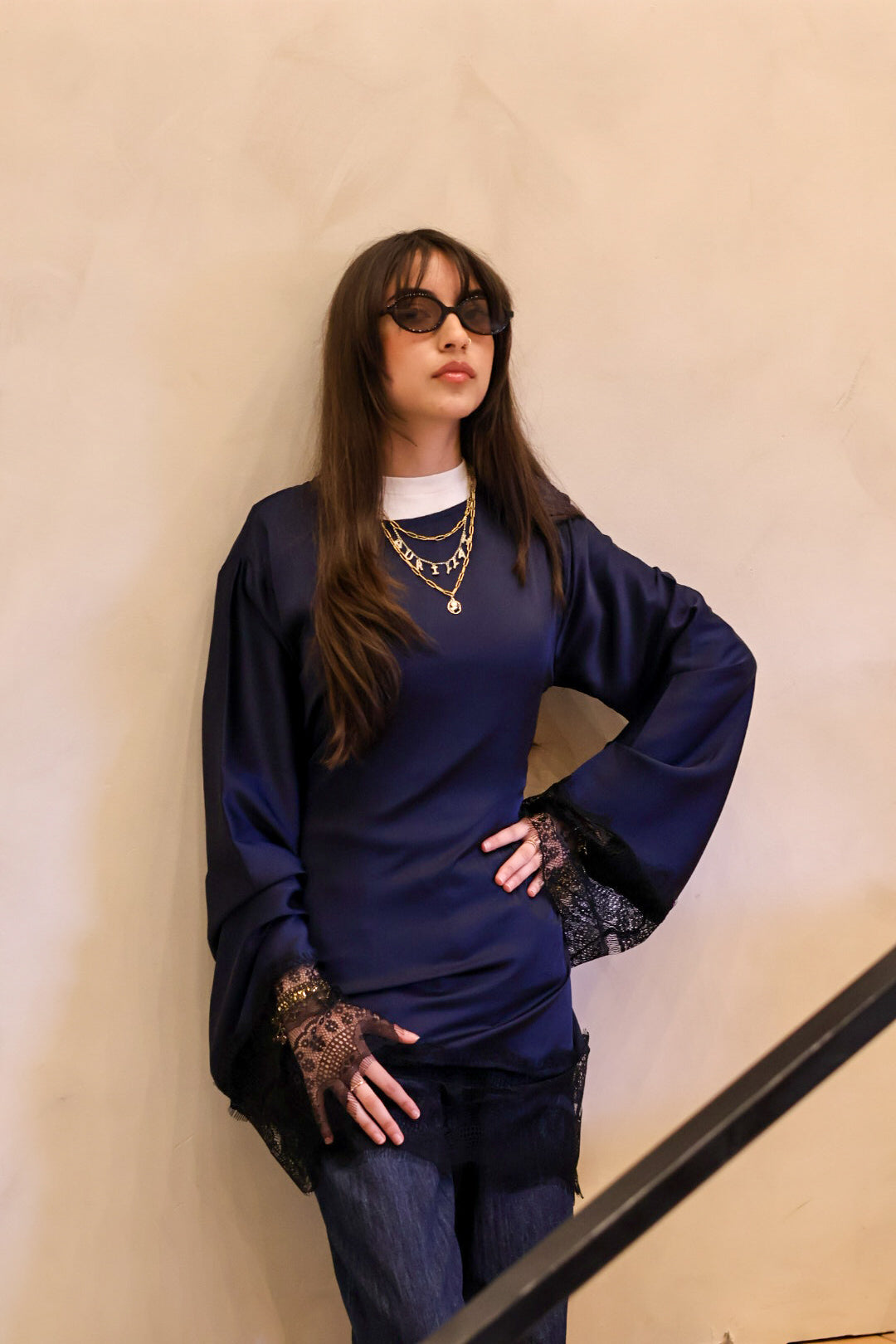 Navy Lace Sleeve Top