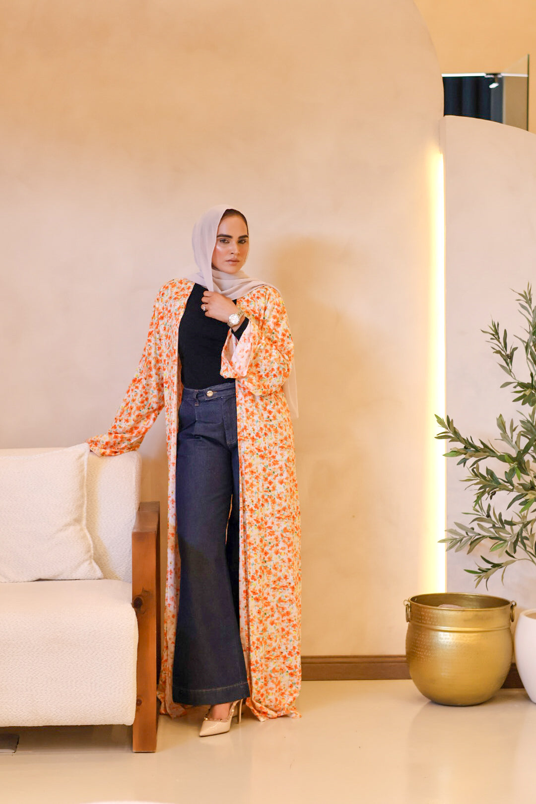 Orange Embroidered Abaya